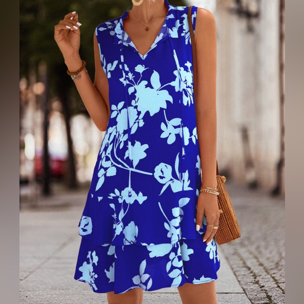 NWT V Neck Floral Print Sleeveless Ruffled Mini Dress (size XL)